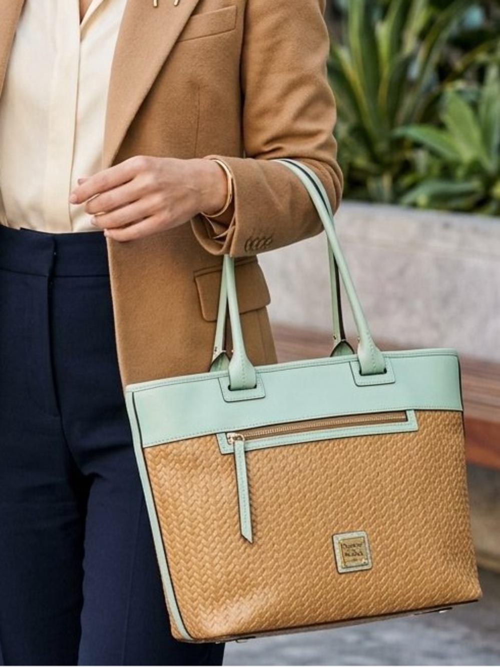 Dooney & Bourke Basketweave Embossed Leather Tote Aqua Trim EUC